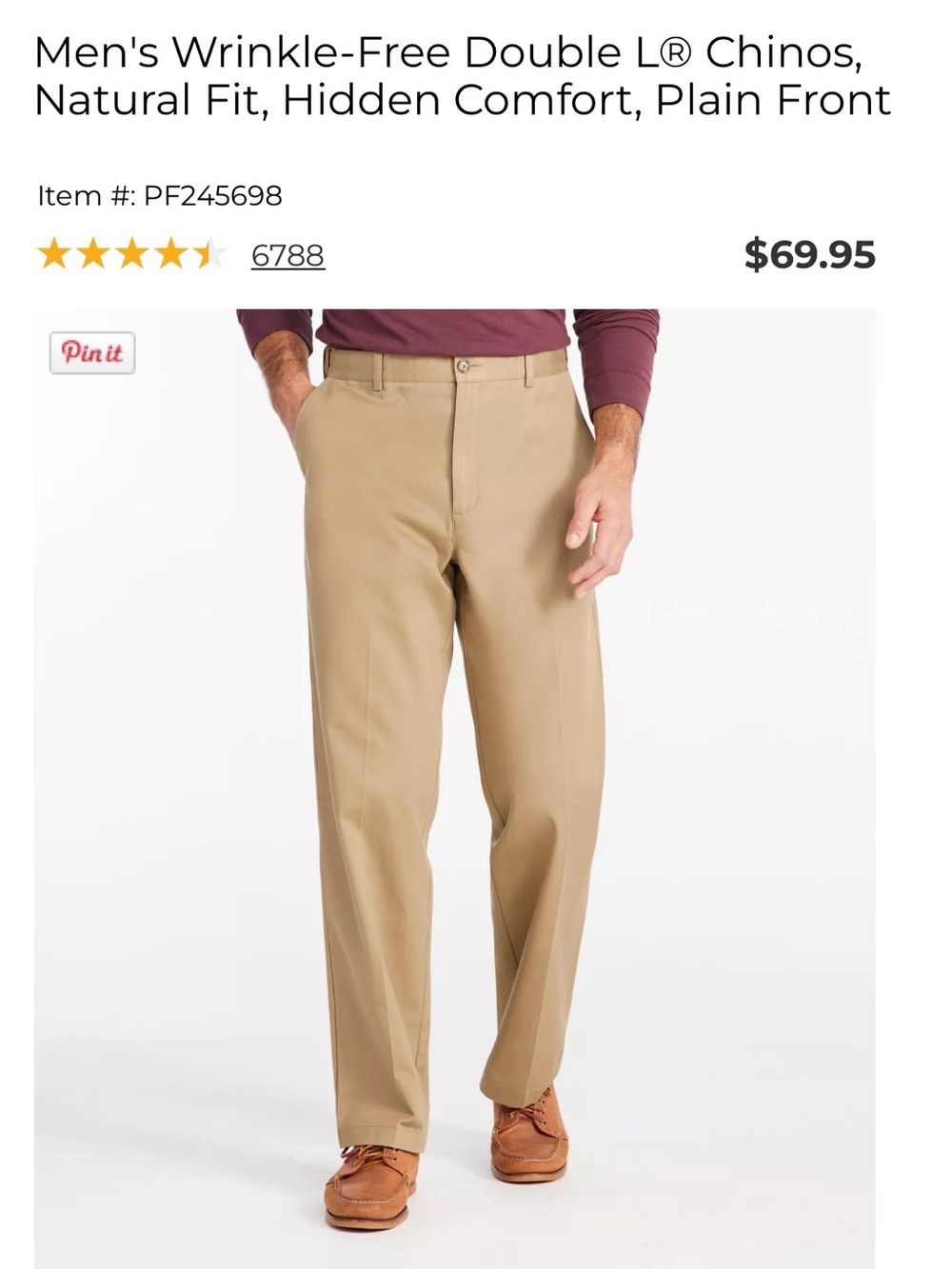 NWT L.L.Bean Men’s Wrinkle Free Double L Chinos Dark Khaki 36x29 Hidden Comfort